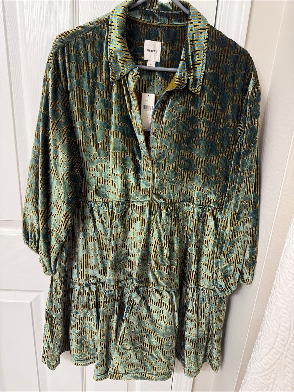 Maeve Teal and Gold Velvet Burnout Tiered Dress